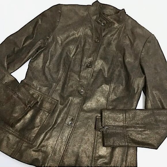 😊Alfani Leather Coat Brown Bronze Lined Jacket Zip Sleeves Pockets Womens Sz M - Picture 8 of 15